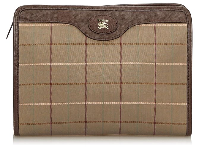 Burberry Brown Plaid Canvas Clutch Bag Braun Leder Leinwand Tuch  ref.139006