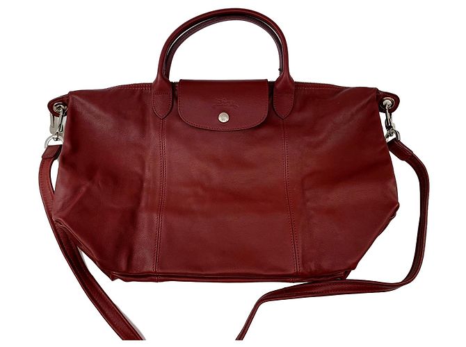 Borsa Longchamp Pliage in pelle bordeaux Bordò