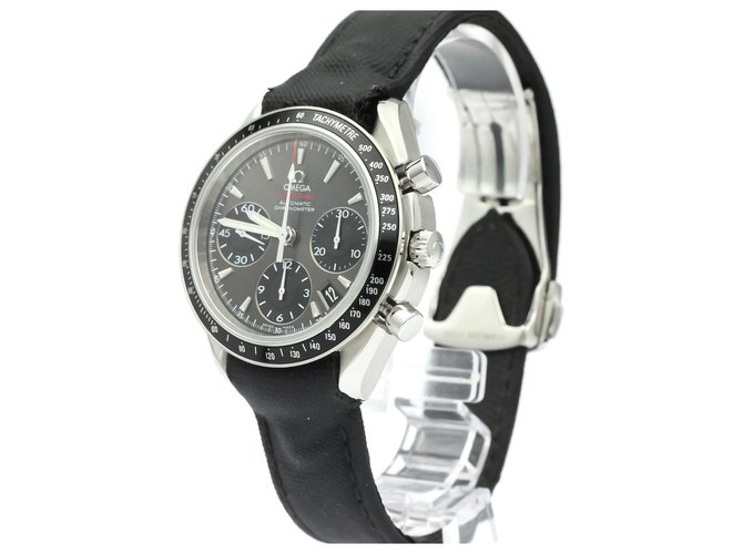 Omega Silver Stainless Steel Speedmaster Automatic 323.32.40.40.06.001 Black Silvery Leather Metal  ref.139199