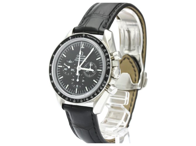 Omega Silver Stainless Steel Speedmaster Automatic 311.33.42.30.01.002 Black Silvery Leather Metal  ref.139213