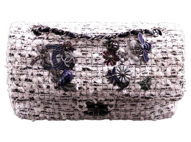 Chanel Classic Tasche 2.55 bukolischer Tweedkollektor aus schwarz-weiß-silberfarbenem Metall  ref.139308