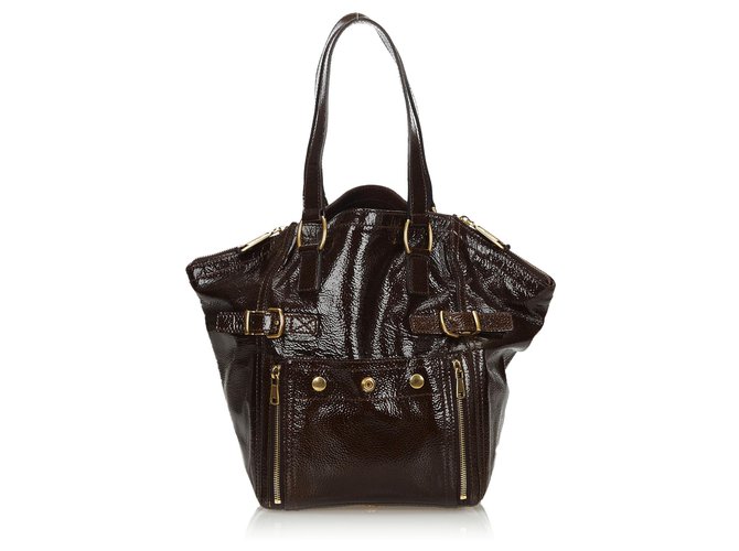 Yves Saint Laurent YSL Brown Patent Leather Downtown Tote Bag Dark brown  ref.139349