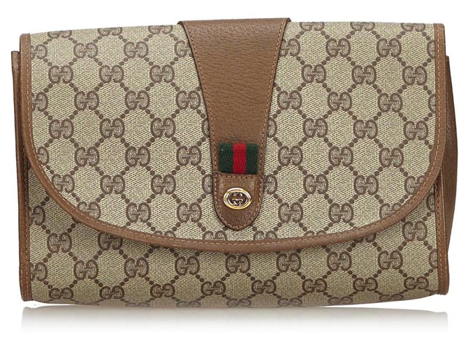 Gucci Brown GG Web Clutch Bag Beige Leather Plastic  ref.139368