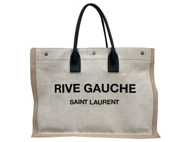 Saint Laurent Beige Linen/Leather 'Rive Gauche' Tote Saint Laurent