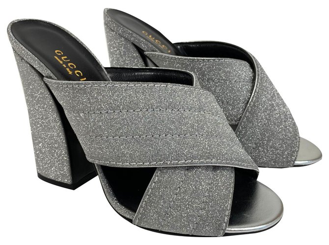 Gucci Sparkling silver glittered Webby sandals Silvery Leather  ref.139417