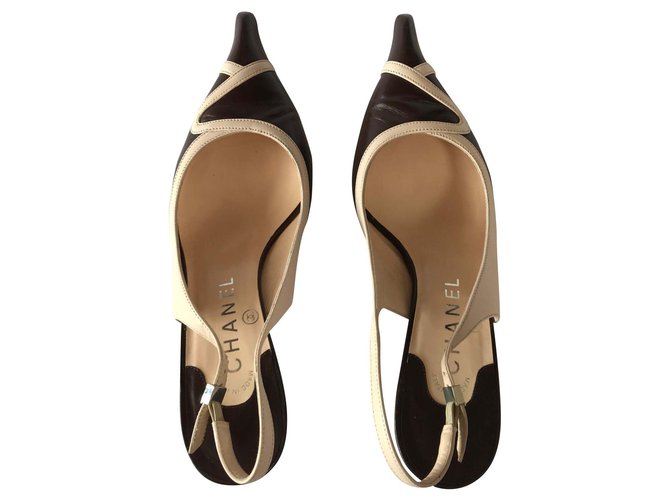 Chanel brown and beige strappy slingbacks. fr 37 Leather  ref.139469