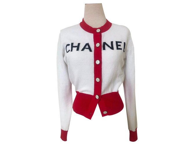 Chanel 2019 Cárdigan Rojo Blanco Algodón  ref.139521