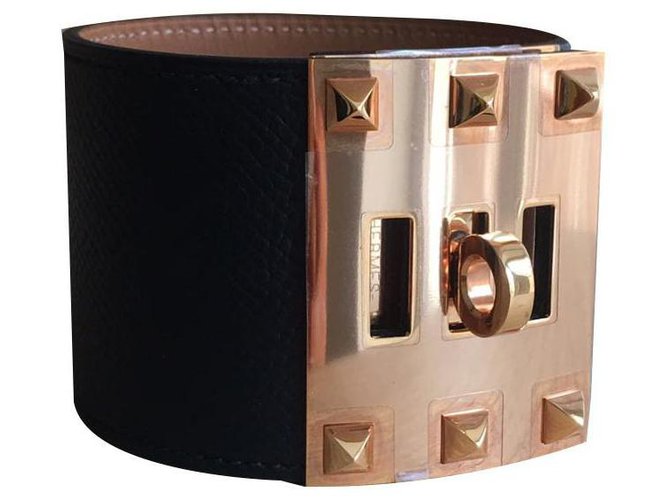 Superbe bracelet Extrême Hermès cuir Epsom noir,  ref.139561