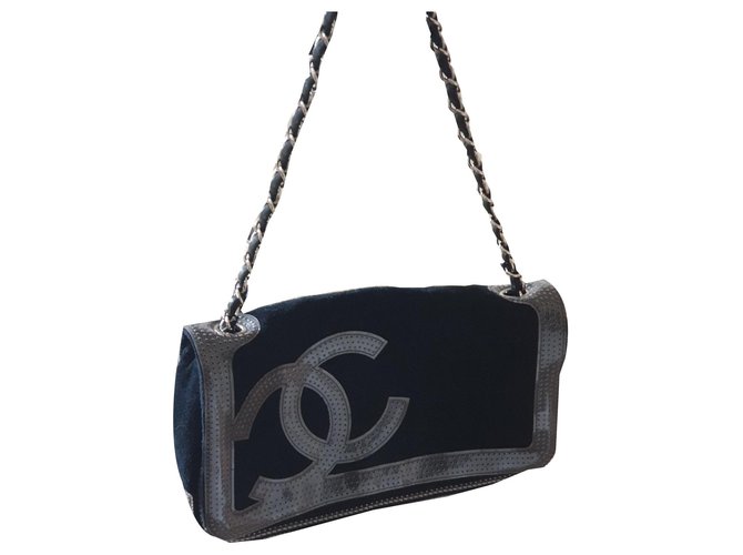 Chanel Handbags Black Suede Tweed  ref.139654