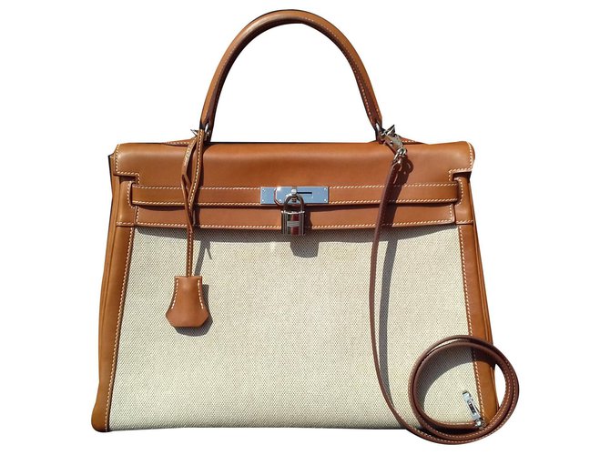Hermès Kelly handbag 35 Canvas and Leather Barenia Phw Beige Caramel Cloth  ref.139685