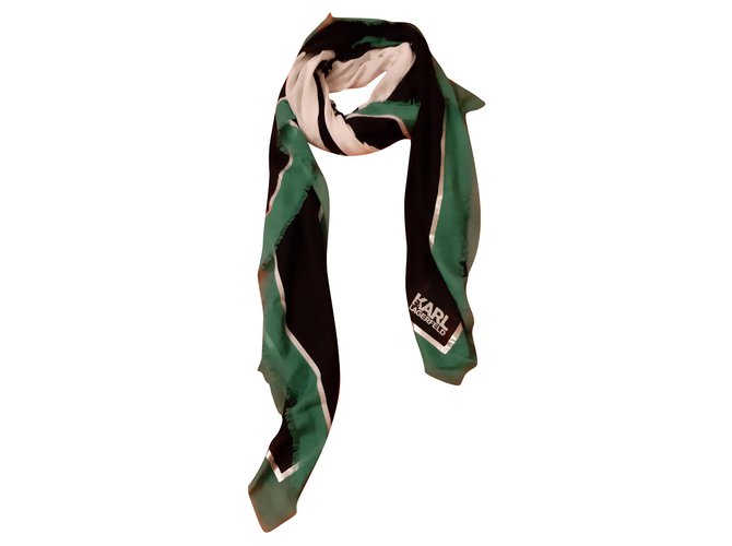 Karl Lagerfeld Silk scarves Black White Green Modal  ref.139728