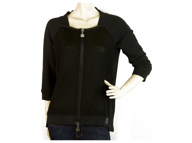 Moncler Maglia Cardigan Black central Zipper with thick mesh jacket S Cotton  ref.139748