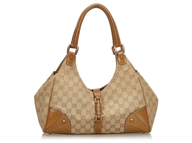 Gucci Brown GG Canvas Nailhead Jackie Sac à bandoulière Cuir Toile Tissu Marron Beige  ref.139878