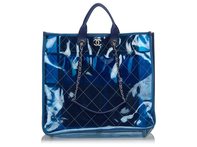 Chanel blu 2018 Shopping bag grande in cotone trapuntato con spruzzi di cocco Pelle Plastica  ref.140062