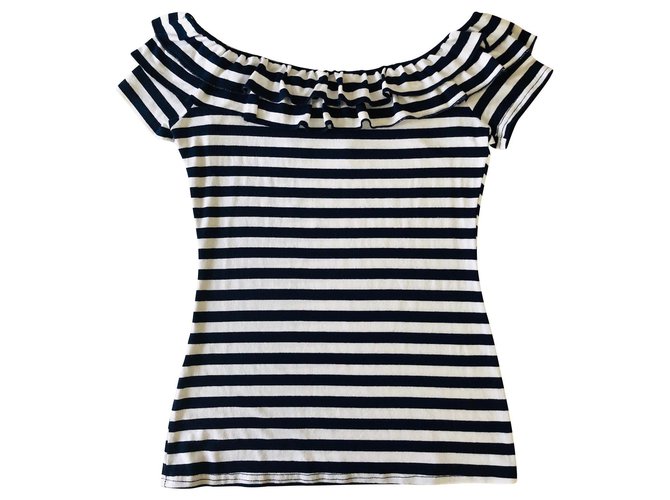 Autre Marque Navy and White Striped T-Shirt with Boat Neck and Ruffles T. 34-36 Navy blue Polyamide  ref.140166