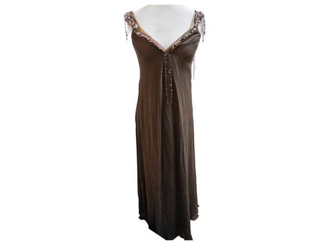 New Antik Batik braune Seide 2-schichtiges langes Kleid. S  ref.140193