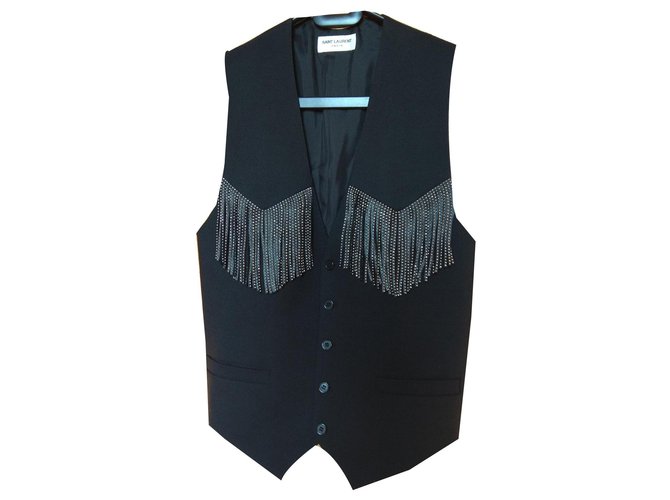 Saint Laurent Leather fringes vest Black Wool  ref.140314