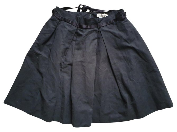 Chloé Jupe plissée en coton et lin Noir  ref.140369