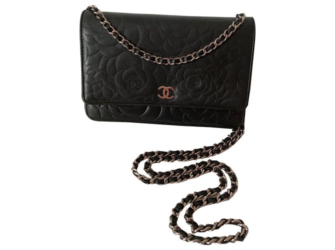 Wallet On Chain Chanel Woc camélia Cuir Noir  ref.140448