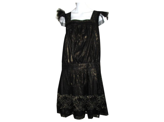 Anna Sui Fleur Lace Dress Black Golden Polyester Acetate  ref.140498