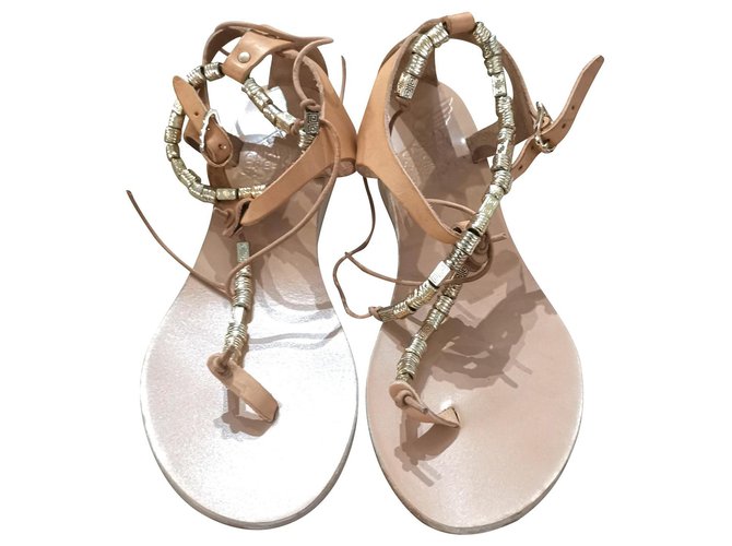 Ancient greek sandals gold beaded wedge sandals Beige Leather  ref.140537