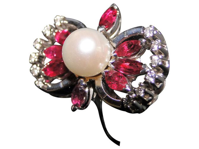 inconnue White gold Art Deco ring 750Pearl Ruby Pearl Silvery Red  ref.140618