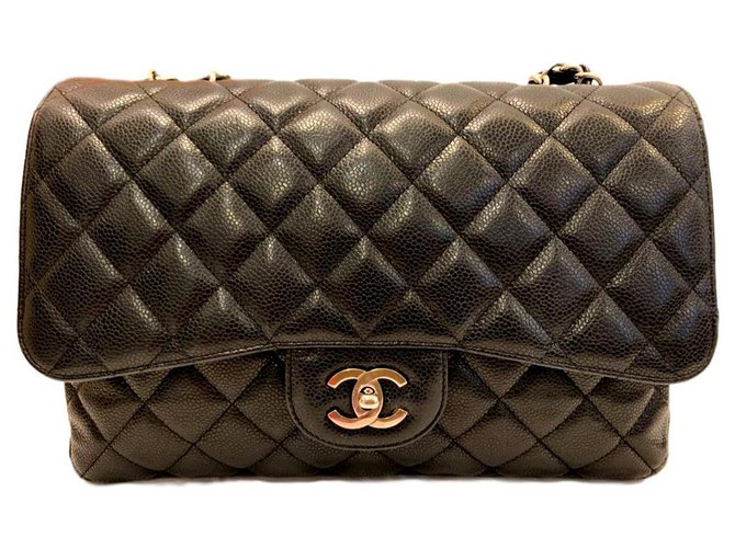 Timeless Caviar Chanel preto Jumbo classic flap bag SHW Couro  ref.140923