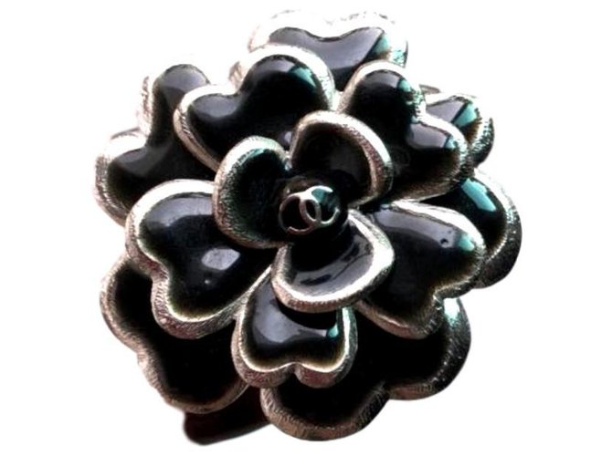Chanel Camellia Armreif Manschette Schwarz Silber Metall  ref.140926