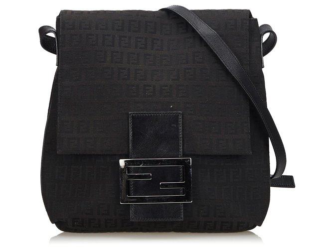 Fendi Black Zucchino Canvas Crossbody Bag Leather Cloth Cloth  ref.141038