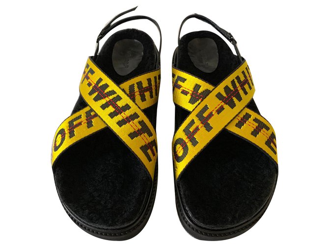 Off White Leather and fur sandals Black  ref.141075