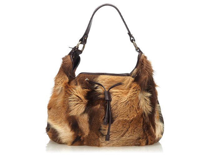 Fendi Brown Fur Drawstring Shoulder Bag Leather  ref.141148