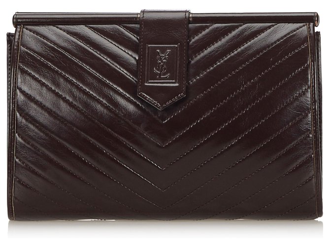Yves Saint Laurent YSL Brown Leather Chevron Clutch Bag Dark brown  ref.141186
