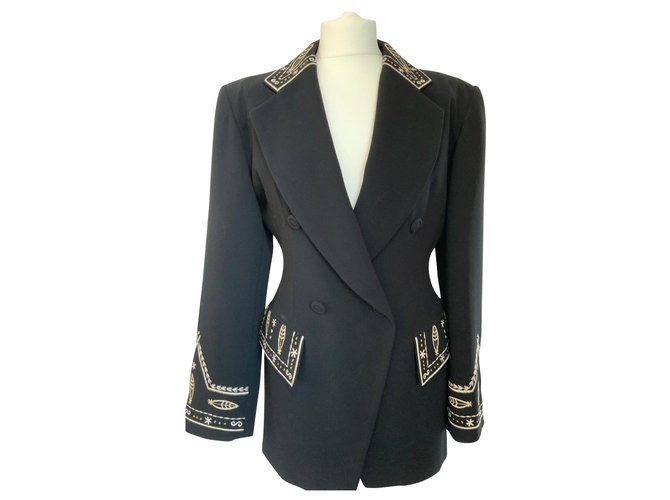 Autre Marque BESTINI Black crepe jacket with gold and white embroidery Viscose Elastane Polyamide  ref.141287