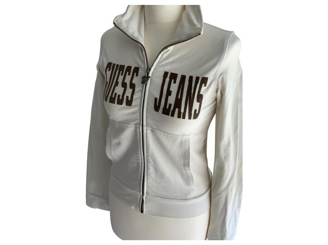 Guess White sweatshirt with bronze inscription, and zipper, taille M Cotton  ref.141314