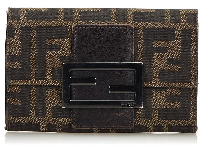 Petit portefeuille en toile avec courgette Fendi brun Cuir Tissu Marron  ref.141342