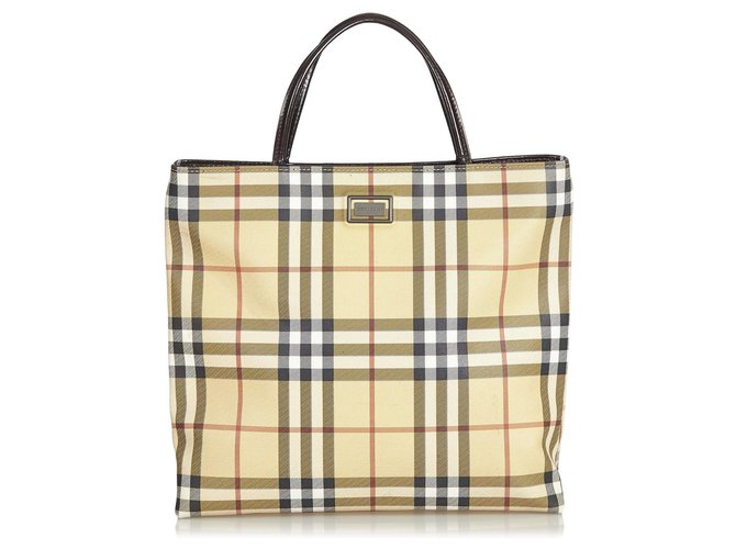 Burberry Brown Plaid Canvas Tote Bag Multiple colors Beige Leather Cloth Cloth  ref.141825