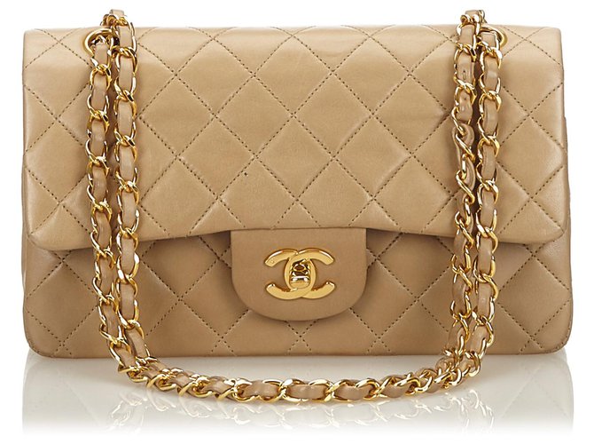 Chanel Vintage Chanel Small Beige Quilted Lambskin Leather Double