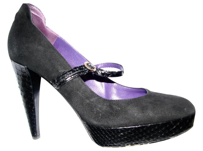 Sergio Rossi Mary Janes à talons Suede Cuirs exotiques Noir  ref.142032