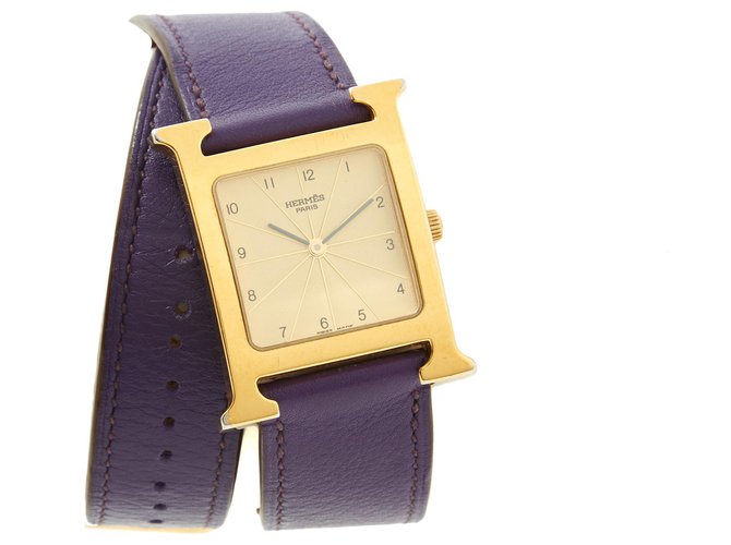 Hermès TIME H 26 MEDIUM GOLDEN lined TOUR Leather Steel Gold-plated  ref.142088