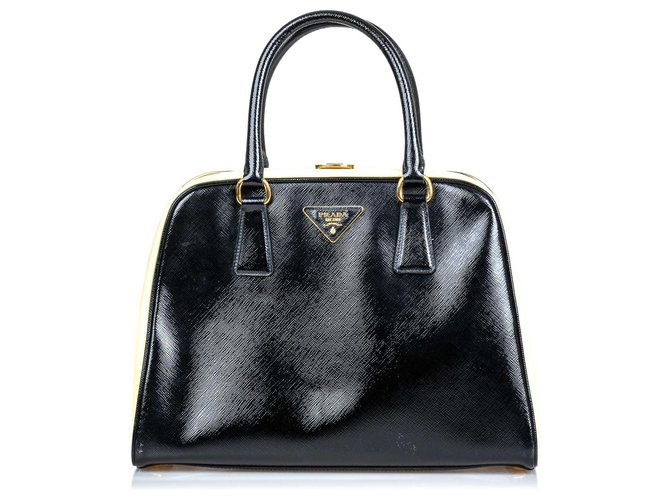 Prada Black Saffiano Pyramid Handbag Brown Beige Leather  ref.142135
