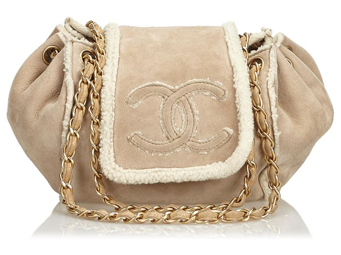 Chanel Brown Suede Chain Shoulder Bag White Cream Leather Wool Cloth  ref.142152
