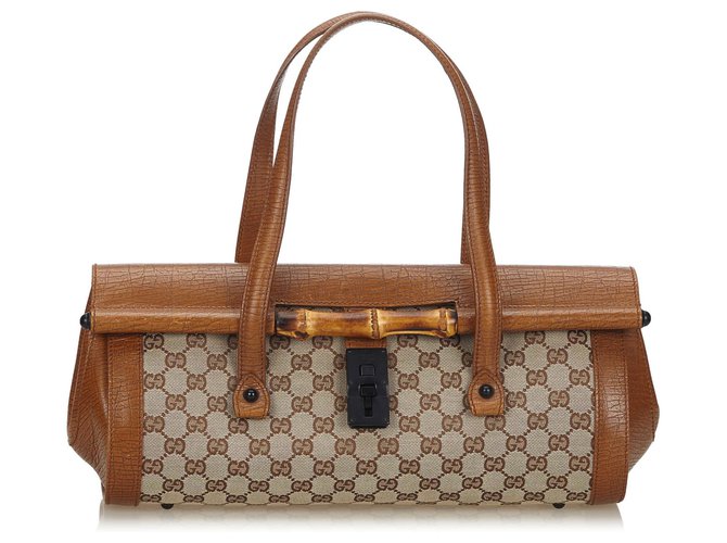 Gucci Brown GG Canvas Bamboo Bullet Shoulder Bag Beige Dark brown Leather Cloth Cloth  ref.142158
