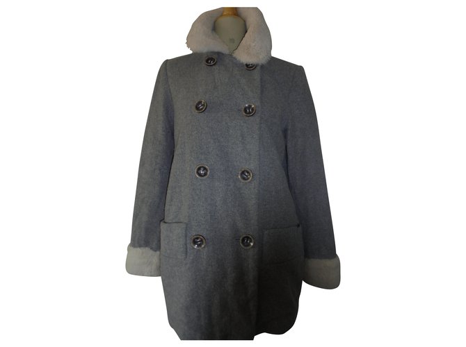 Cop Copine BEAUTIFUL THREE QUARTER COAT IN WOOL FROISSEE COLLAR AND SLEEVES FALSE FURRIDE Grey Polyester  ref.142226
