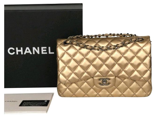 Classique Sac Chanel Gold Jumbo Flap Cuir Doré  ref.142370