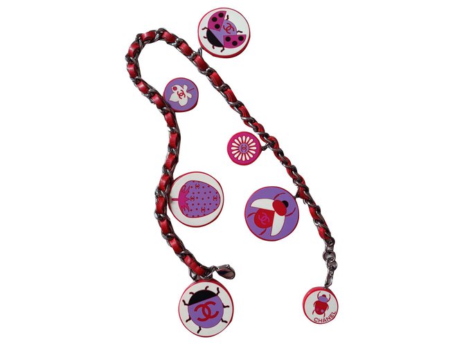 Chanel Halsketten Pink Rot Leder Stahl Kunststoff  ref.142410