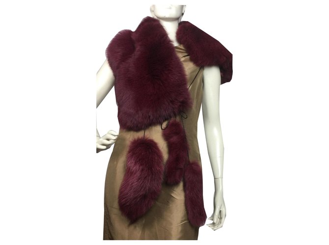 inconnue Burgundy real fox fur scarf with tails attached Dark red  ref.142566