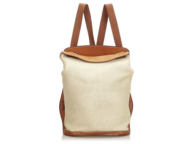 Hermès Hermes White Canvas Sherpa Backpack Brown Cream Leather Cloth Cloth  ref.142767