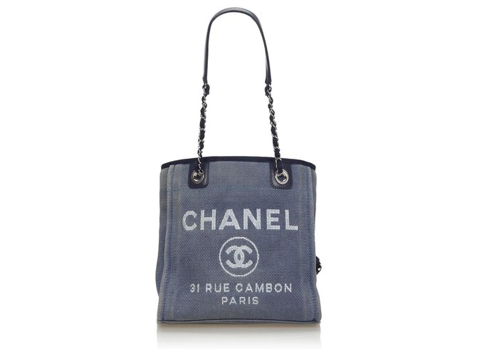 Chanel Blue Mini Deauville Tote Bag Navy blue Leather Cloth Cloth  ref.142821 - Joli Closet