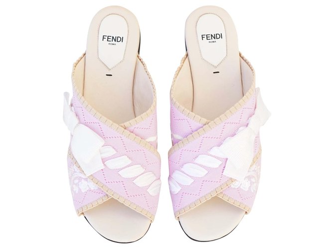 Fendi Flat slide Sandals Pink White Beige Leather Cotton  ref.143519