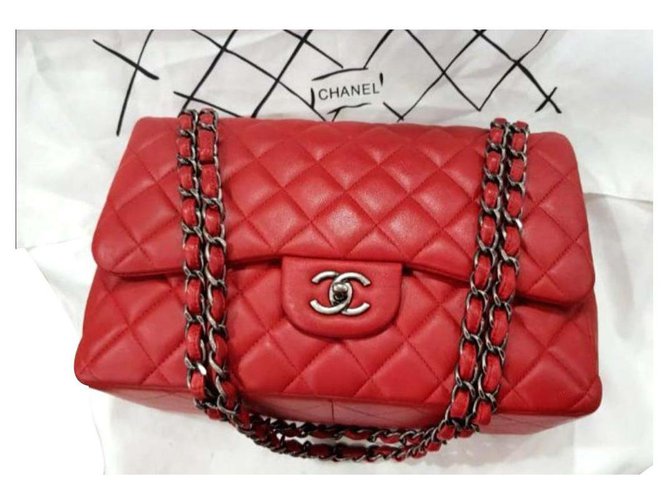 Chanel Channel Red Jumbo classic flap bag SHW Leather  ref.143523